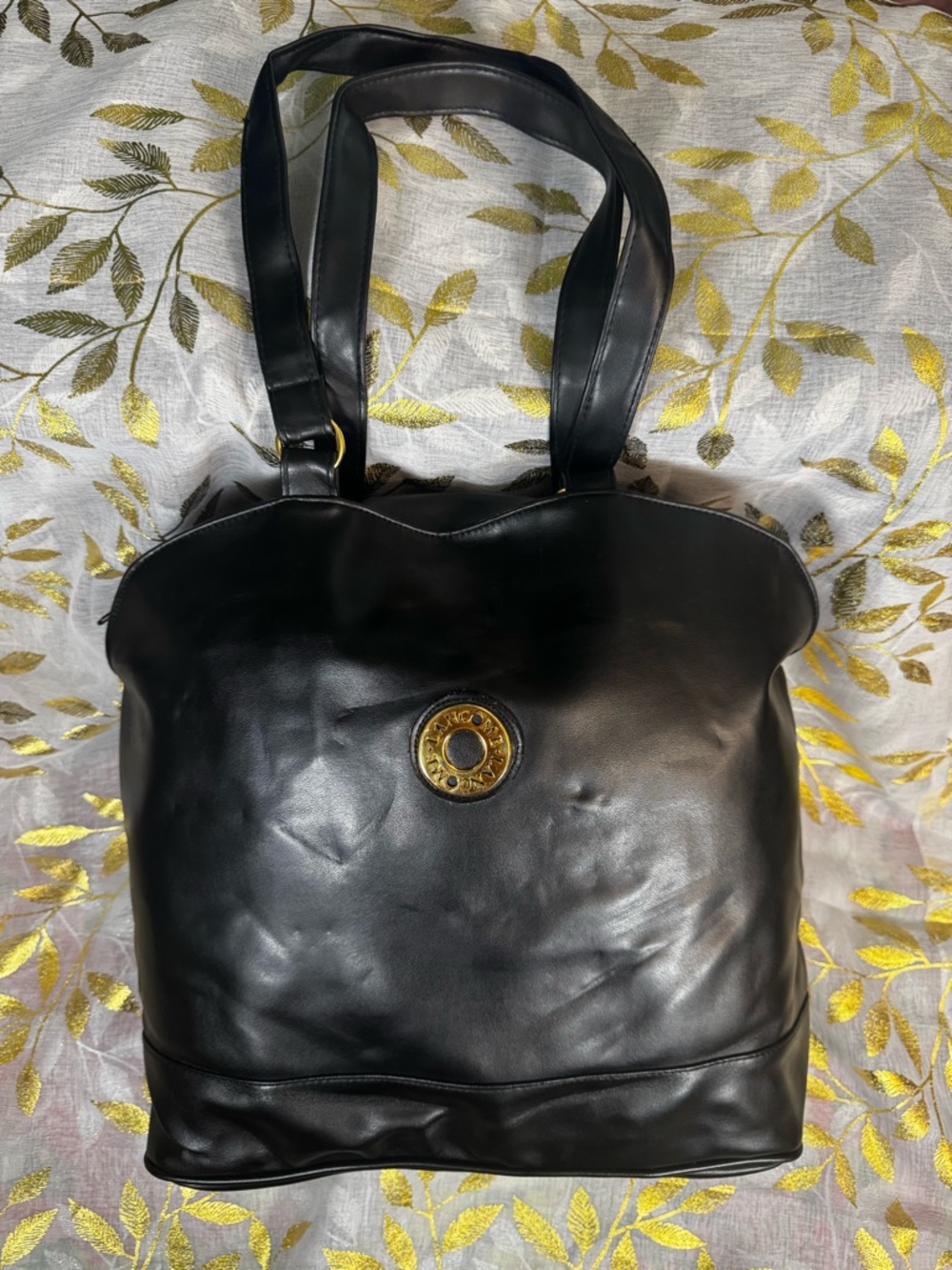 Lancome Black Leather Tote with Gold Medallion